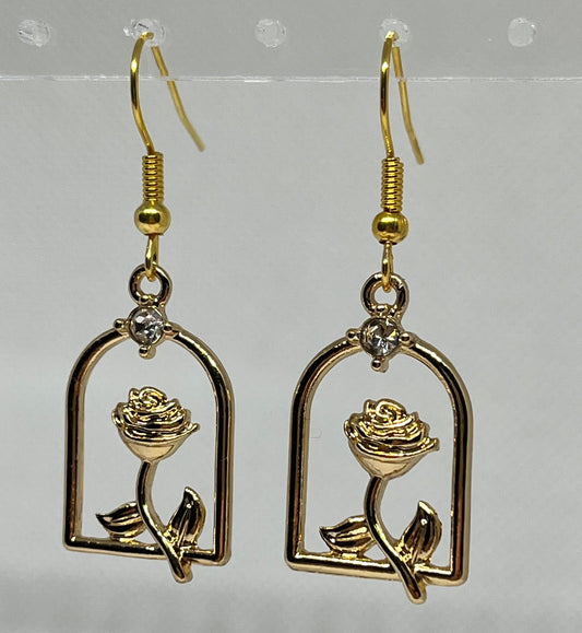 Gold jeweled rose hook earrings
