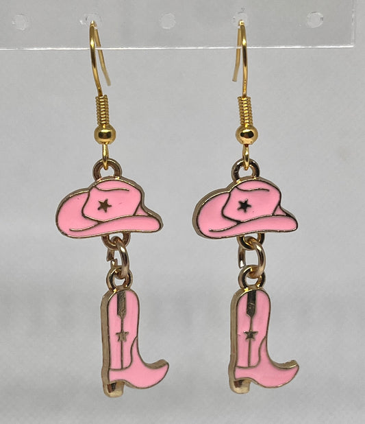 Pink cowboy hat and boots gold dangle earrings