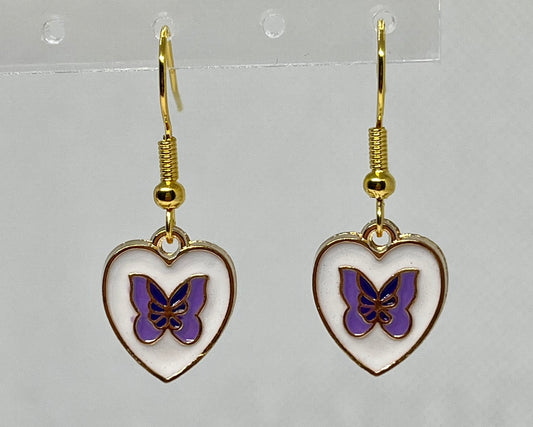 Gold heart shaped purple butterfly earrings