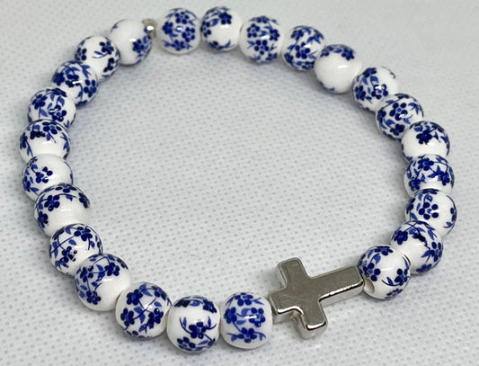 Blue floral ceramic glass silver cross bracelet